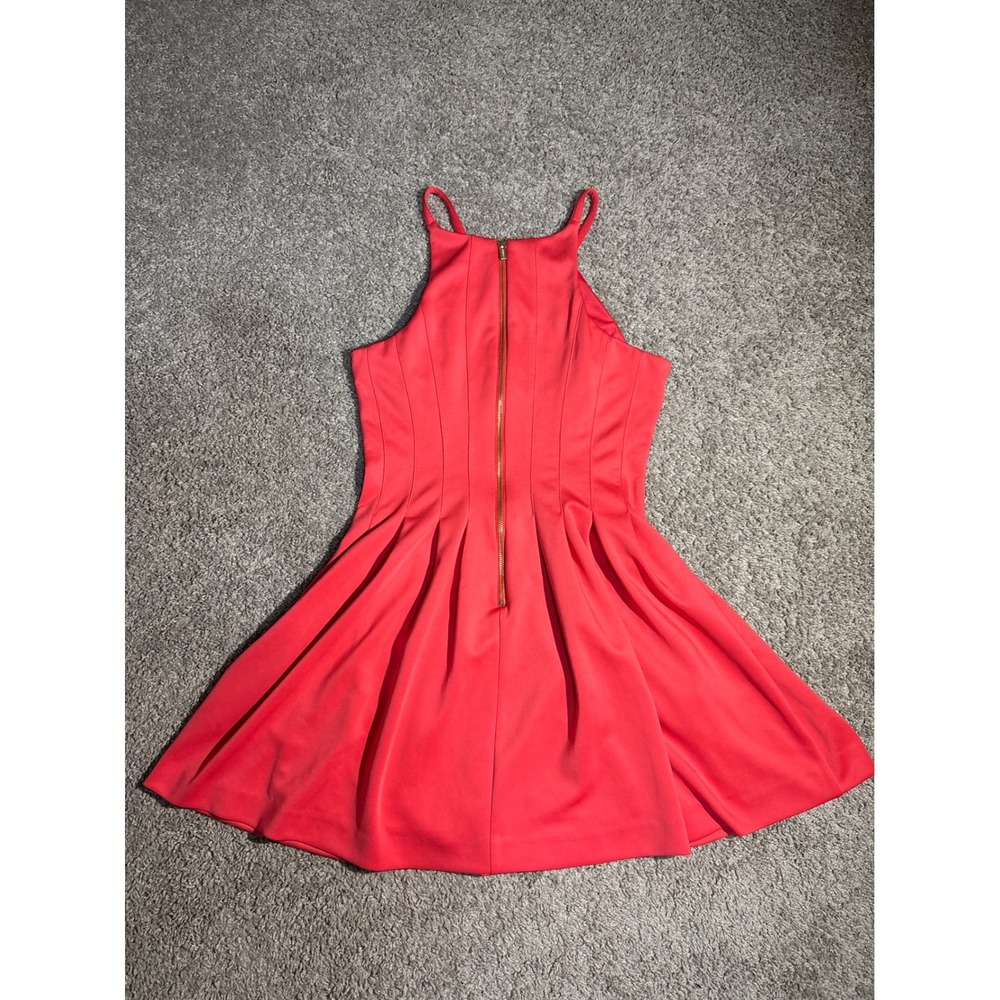 Calvin Klein Red Halter Fit and Flare Pleated Skater Dress Size 2 Gold Zipper - Picture 7 of 9